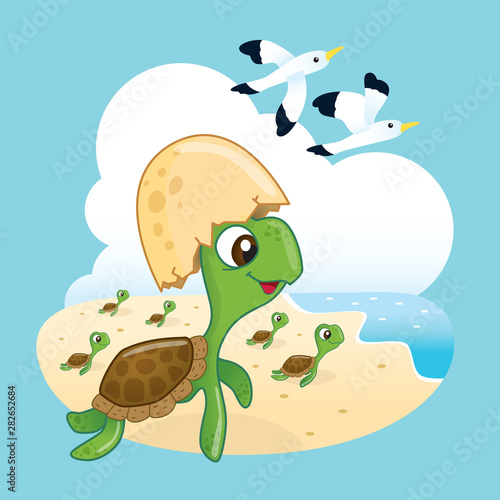 Cute sea turtle leave the eggs and heading to the ocean with happiness.