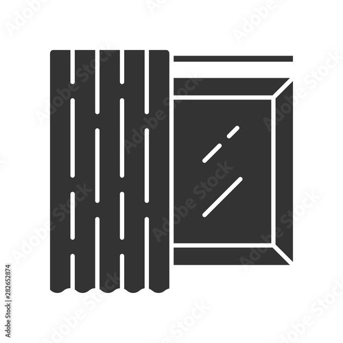 Single panel glyph icon. Home decorating curtain. Room darkening monochrome shade on cornice. Shop interior design. Window covering. Silhouette symbol. Negative space. Vector isolated illustration