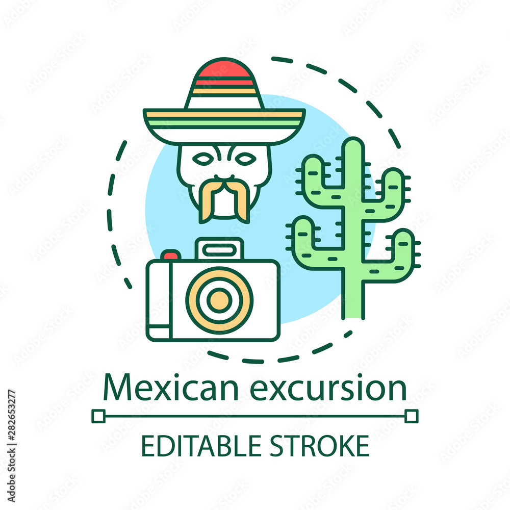 Mexican excursion concept icon. South American desert sights. Tour of Mexico. Camera, men head in sombrero, saguaro cactus idea thin line illustration. Vector isolated outline drawing. Editable stroke Mexican excursion concept icon. South American desert sights. Tour of Mexico. Camera, men head in sombrero, saguaro cactus idea thin line illustration. Vector isolated outline drawing. Editable stroke