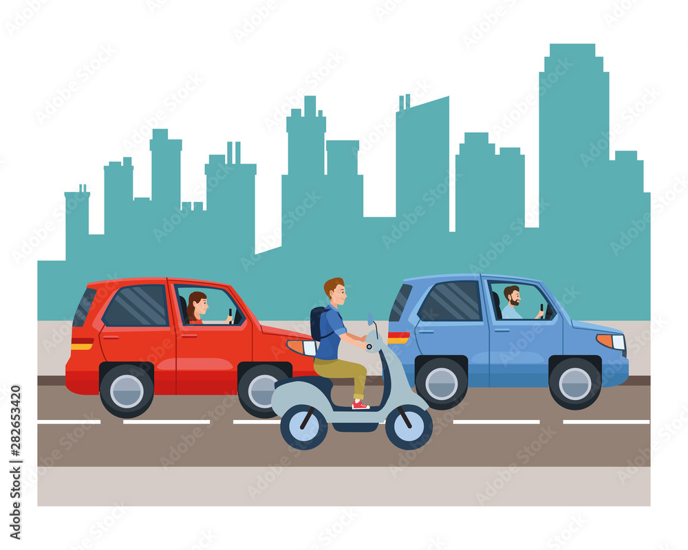 Vehicles and motorcycle with drivers riding