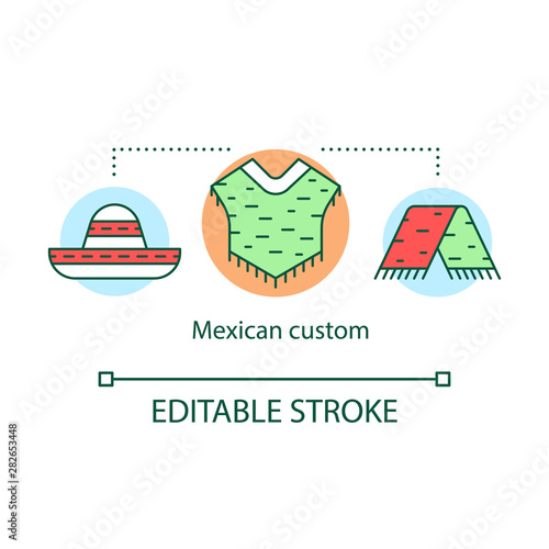 Mexican custom concept icon. National apparel from Mexico. Sombrero, serape, poncho. Traditional macho clothes idea thin line illustration. Vector isolated outline drawing. Editable stroke
