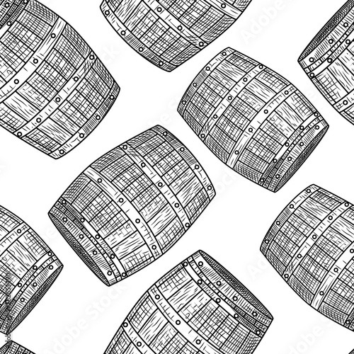 Hand drawn wood barrel seamless pattern. Alcohol wrapping paper.