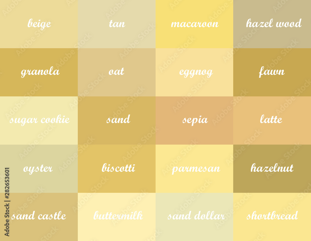 Colored background. Twenty shades of the primary color. Beige. With the names.