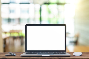 Desk Laptop with blank screen on table