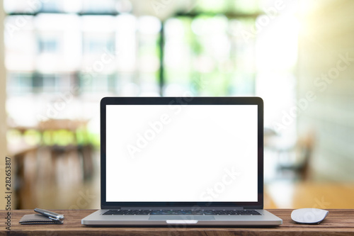 Desk Laptop with blank screen on table