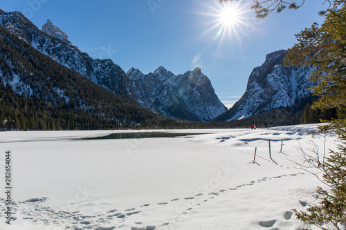 Sunny Day at Lake Dobbiacco in the dolomites