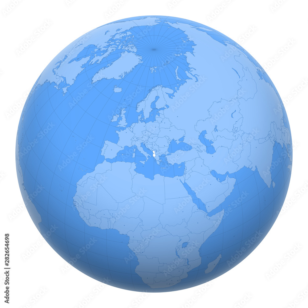 Albania on the globe. Earth centered at the location of the Republic of Albania. Map of Albania. Includes layer with capital cities. Albania on the globe. Earth centered at the location of the Republic of Albania. Map of Albania. Includes layer with capital cities.