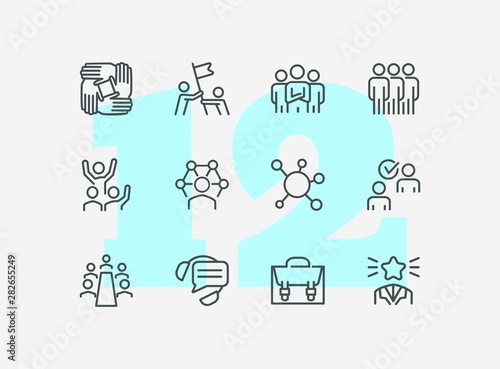 Human structure. Set of line icons on white background. Atom, union, idea. Social concept. Vector illustration can be used for topics like science, business, career