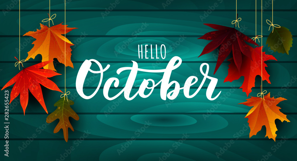 October word. Hand lettering typography with autumn leaves. Vector illustration as poster, postcard, greeting card, invitation template. Concept October advertising - obrazy, fototapety, plakaty 