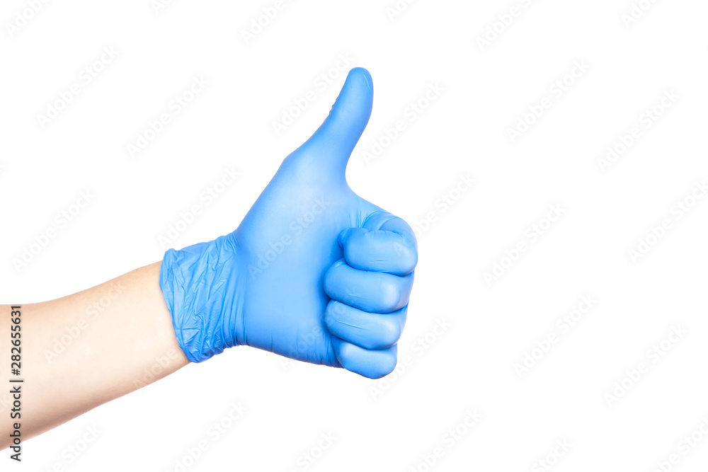 Hand in blue glove isolated on white with thumb up Hand in blue glove isolated on white with thumb up
