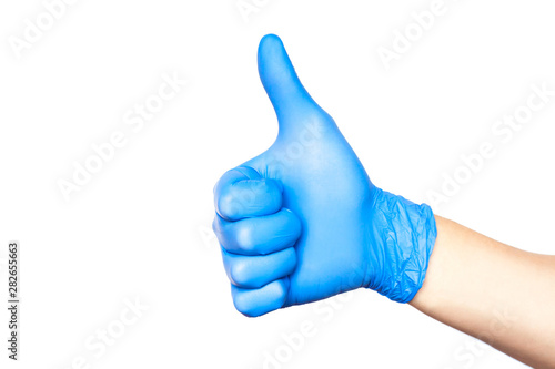 Hand in blue glove isolated on white with thumb up