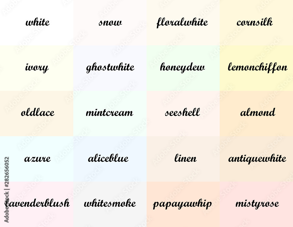Colored background. Twenty shades of the primary color. White colour. With the names.