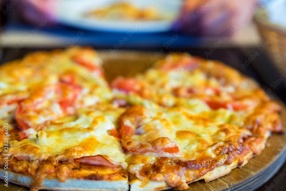 Delicious fresh pizza with tomatoes, salami and melted cheese close