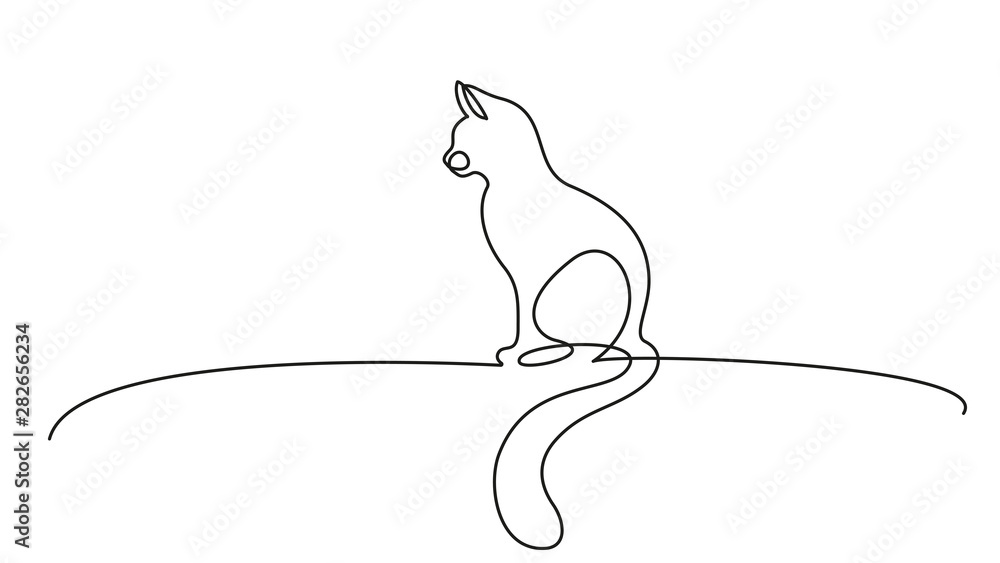 One line drawing. Cat sitting with curled tail Stock Vector Adobe Stock