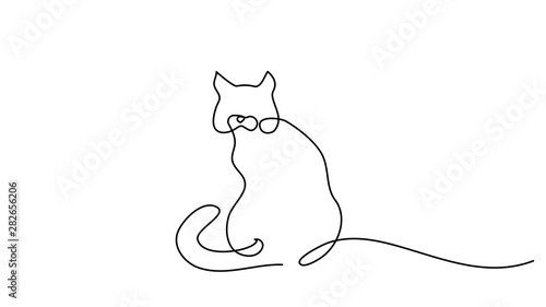 One line drawing. Cat sitting with curled tail