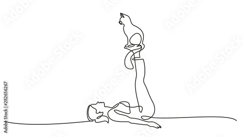 One line drawing. Woman doing yoga with cat
