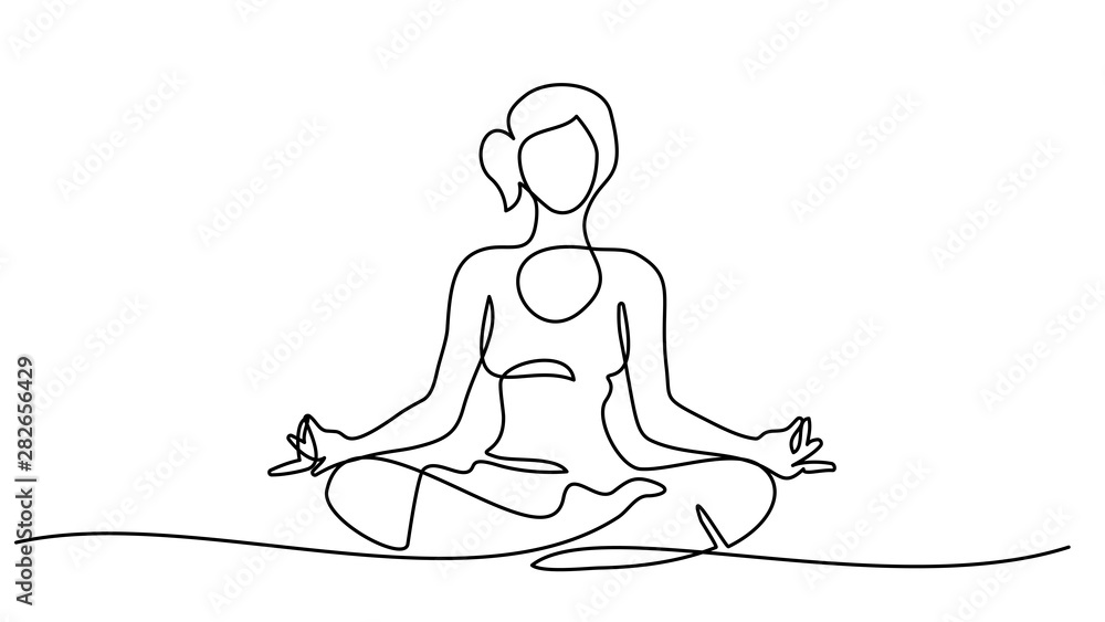 line drawing Woman sitting cross legged meditating - obrazy, fototapety, plakaty 