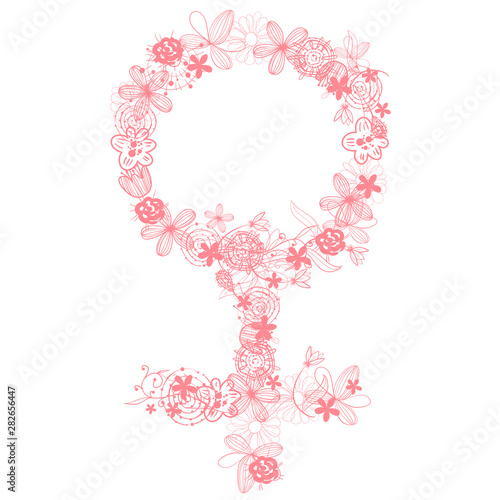 Women's rights. Women's Day. Health care and medicine. Feminism icon sign. Hand drawn women's logo. Feminist movement. Woman symbol. Pink badge of honor. Girls power. Gender. Venus symbol with flowers