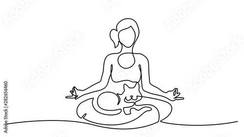 One line drawing. Woman doing yoga with cat