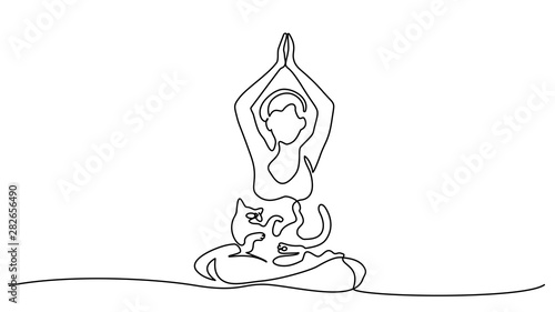 One line drawing. Woman doing yoga with cat