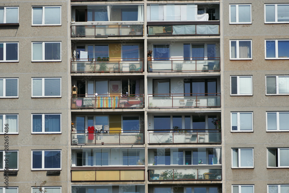 Detail of large panel concrete system-building with flats and balcony, common in Eastern Europe