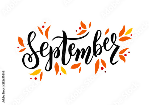 September text. Lettering typography. Vector illustration as poster, postcard, greeting card, invitation template. Concept September advertising