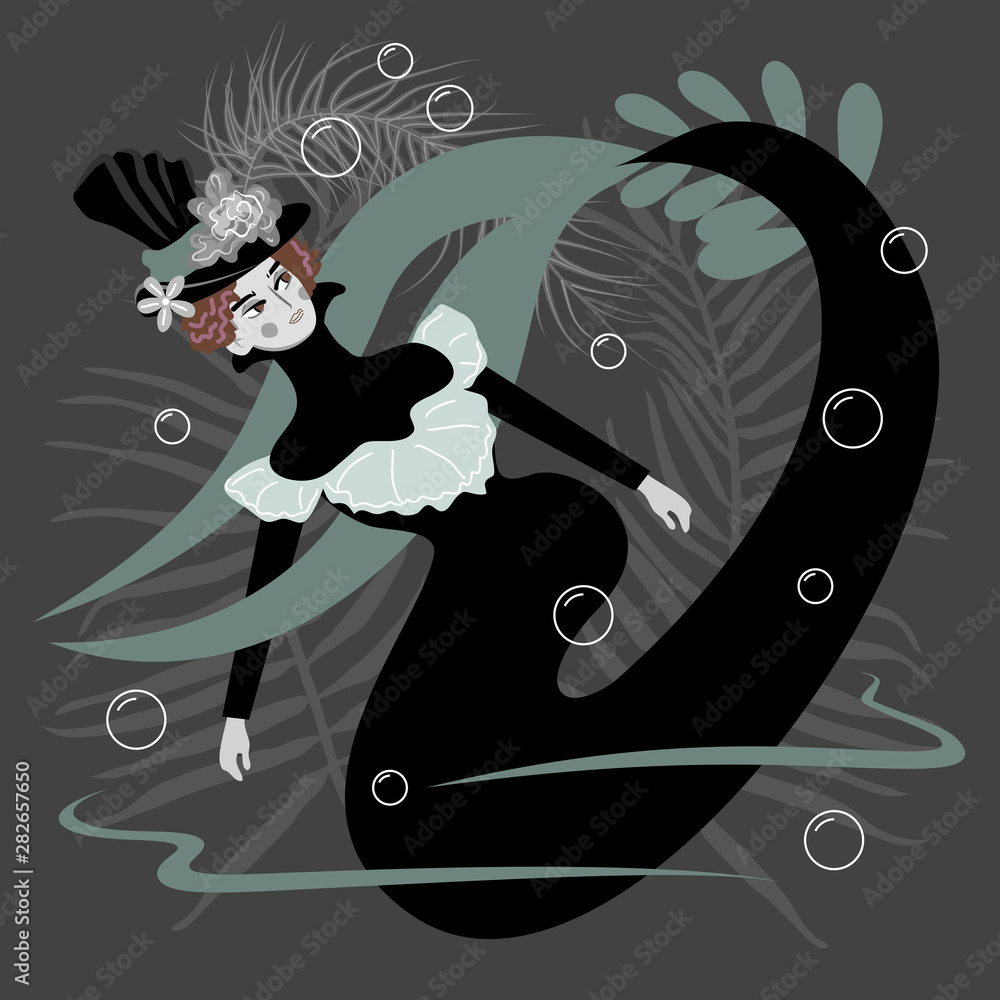 Obraz premium Victorian woman mermaid character design. Sea, ocean. Vector illustration