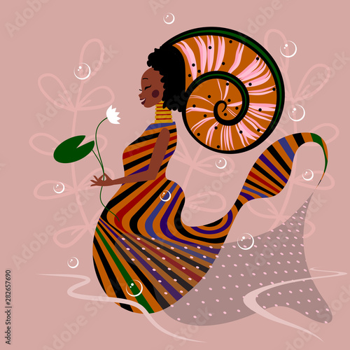 Fototapety Syrenka  afrykanska-syrenka-z-kwiatem-podwodny-swiat-tradycyjny-afrykanski-design
