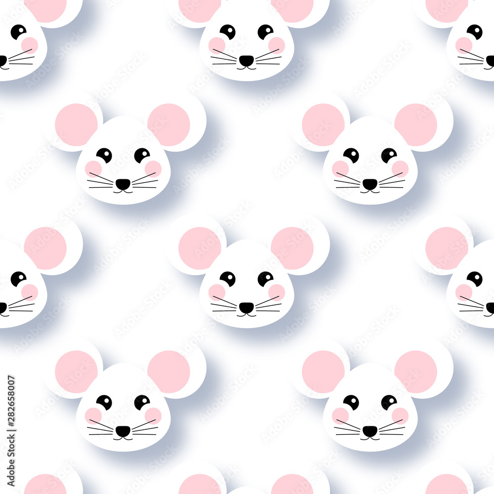 Seamless pattern with white mouse for kids holidays. Cute baby shower vector background. Child style mousy. Christmas or New year seamless pattern with cute mice. Mouse. 2020 Winter background