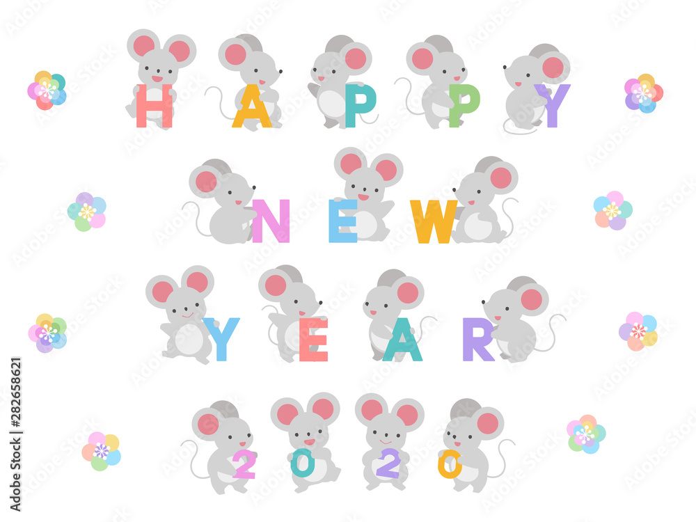 新年のネズミと梅のイラストセット 新年のネズミと梅のイラストセット