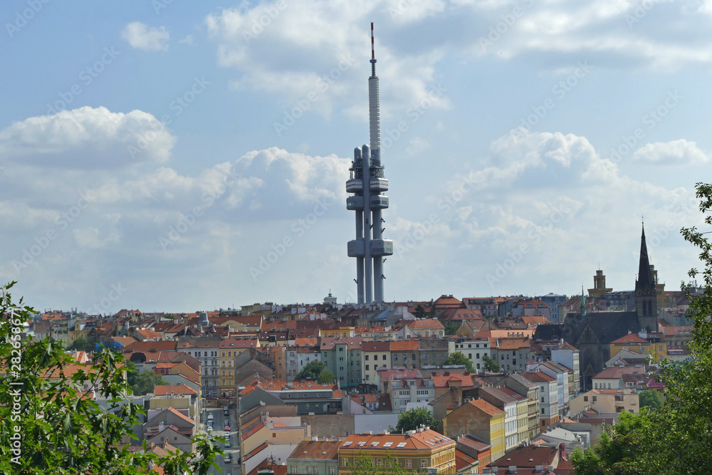 Panorama aerial view of Zizkov with Television Tower, Prague, Czech Republic