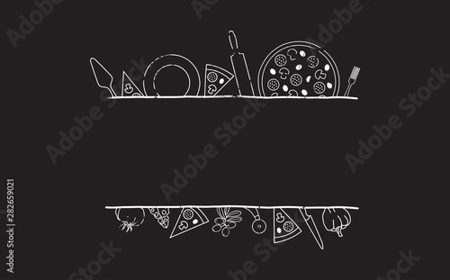 Pizza background for menu, cards, blogs, banners. Hand Drawn template for your text inside. Pizzeria frame for design works. Vector illustration.