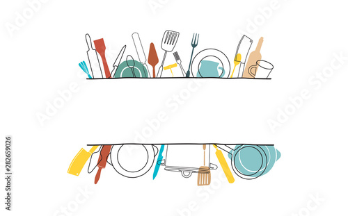 Cooking Template Frame with Hand Drawn Utensils and Plase for your Text. Background with Cutlery for Design Works. Vector  illustration.