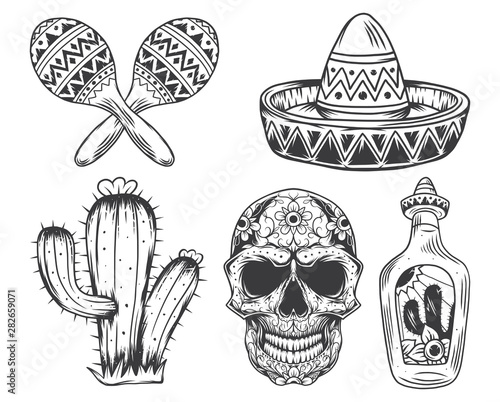 Isolated illustrations set of maracas, sombrero, cactus, mexican traditional skull and bottle of tequila. Black and white illustration. photo