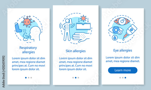 Allergy symptoms types onboarding mobile app page screen with linear concepts. Skin, eye, respiratory allergies walkthrough steps graphic instructions. UX, UI, GUI vector template with illustrations