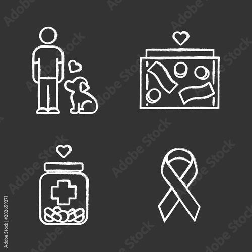 Volunteering chalk icons set. Humanitarian assistance. Altruistic activity. Animals welfare, donation box, medical aid, awareness ribbon. Isolated vector chalkboard illustrations