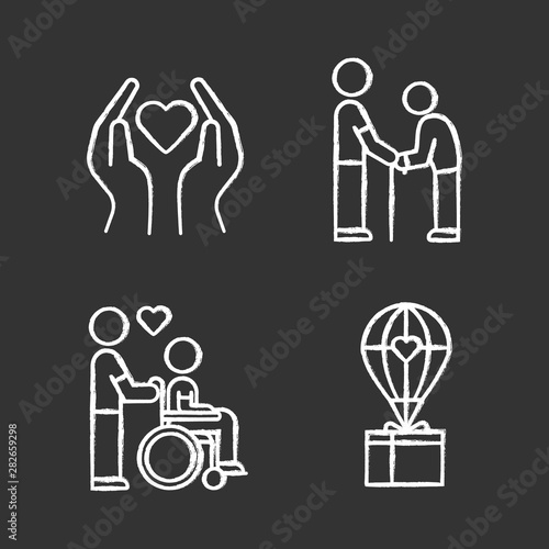 Volunteering chalk icons set. Charity project, disabled and elderly people help, humanitarian assistance. Community service help. Isolated vector chalkboard illustrations