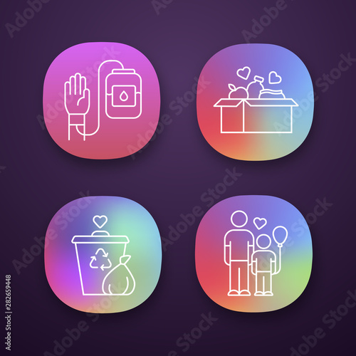 Volunteering app icons set. Altruistic activity. Blood and food donation, orphans care, garbage disposal. UI/UX user interface. Web or mobile applications. Vector isolated illustrations