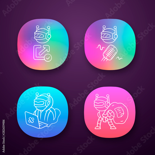 Bot types app icons set. Hacker, backlink checker, scraper bots. Malicious robot. Artificial intelligence, AI. UI/UX user interface. Web or mobile applications. Vector isolated illustrations