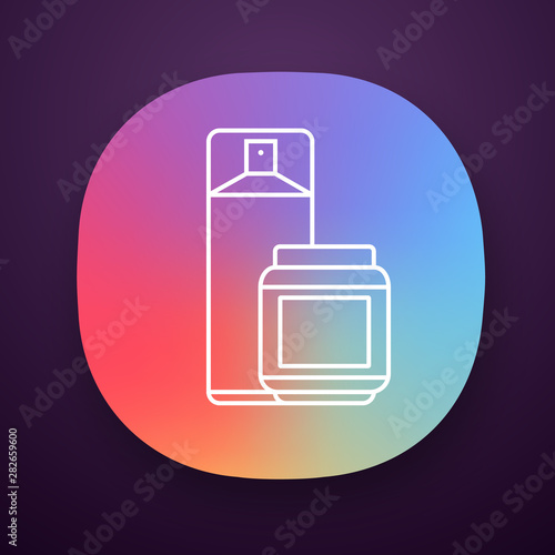 Hairspray and styling gel app icon. Hairstyling products. Means for fixing wet and dry hair. Professional hairstyling. UI/UX user interface. Web or mobile application. Vector isolated illustration