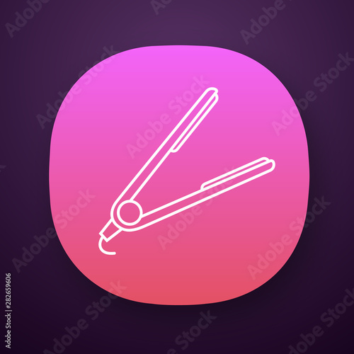 Hair straightener app icon. Hair iron. Temporary straightening curly hair by heating. Professional hairstyling. UI/UX user interface. Web or mobile application. Vector isolated illustration