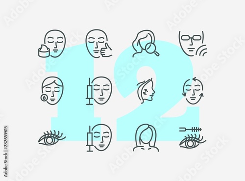Cosmetology line icon set. Botox injection, solarium, mascara. Beauty concept. Can be used for topics like dermatology, skin care, aesthetics
