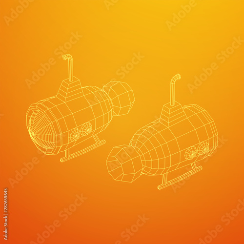 Submarine underwater boat. Wireframe low poly mesh vector illustration