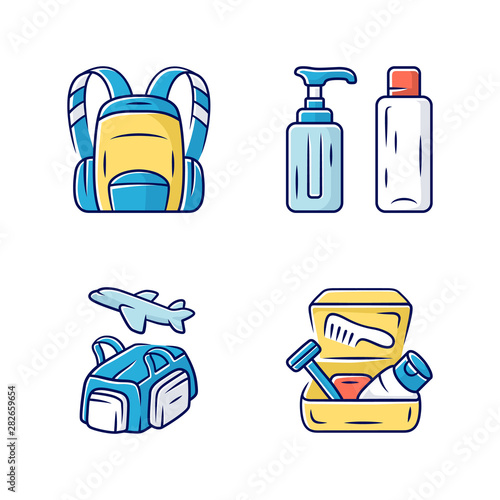 Travel accessories color icons set. Backpack, carry on duffel bag, reusable containers. Flight, travelling bag, toiletry case, container. Tourism equipment, items. Isolated vector illustrations