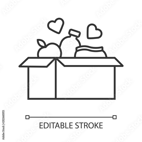 Food donations linear icon. Charity food collection. Box with meal, hearts. Humanitarian volunteer activity. Thin line illustration. Contour symbol. Vector isolated outline drawing. Editable stroke
