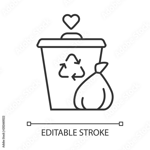 Garbage disposal linear icon. Waste management volunteer program. Help sorting litter. Trash collection. Thin line illustration. Contour symbol. Vector isolated outline drawing. Editable stroke