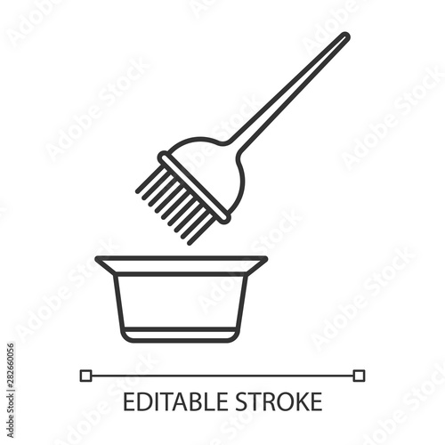 Hair coloring tools linear icon. Tint mixing bowl and hair dye brush. Hairdressing instruments. Hairstyling. Thin line illustration. Contour symbol. Vector isolated outline drawing. Editable stroke