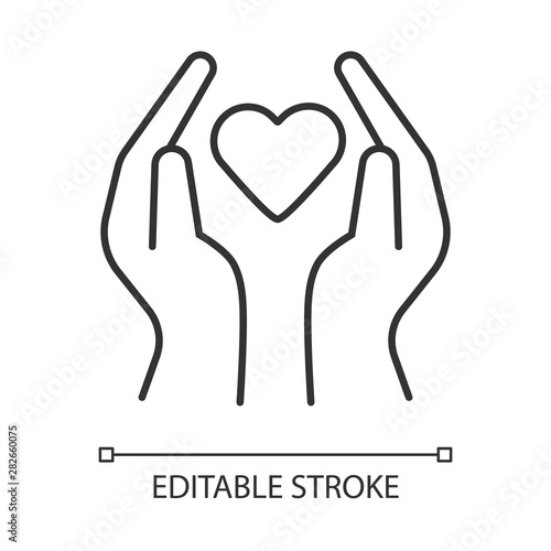 Hands with heart linear icon. Volunteering activity. Nonprofit organization. Charity project. Thin line illustration. Contour symbol. Vector isolated outline drawing. Editable stroke