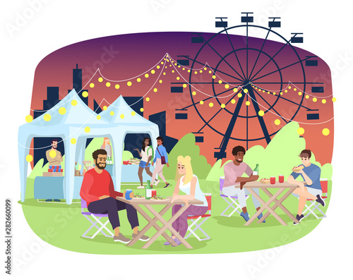 Summer night fair flat vector illustration. Amusement park, funfair, carnival, festival entertainment. Couple eating at outdoor cafe on fairground cartoon characters. Food stalls and ferris wheel