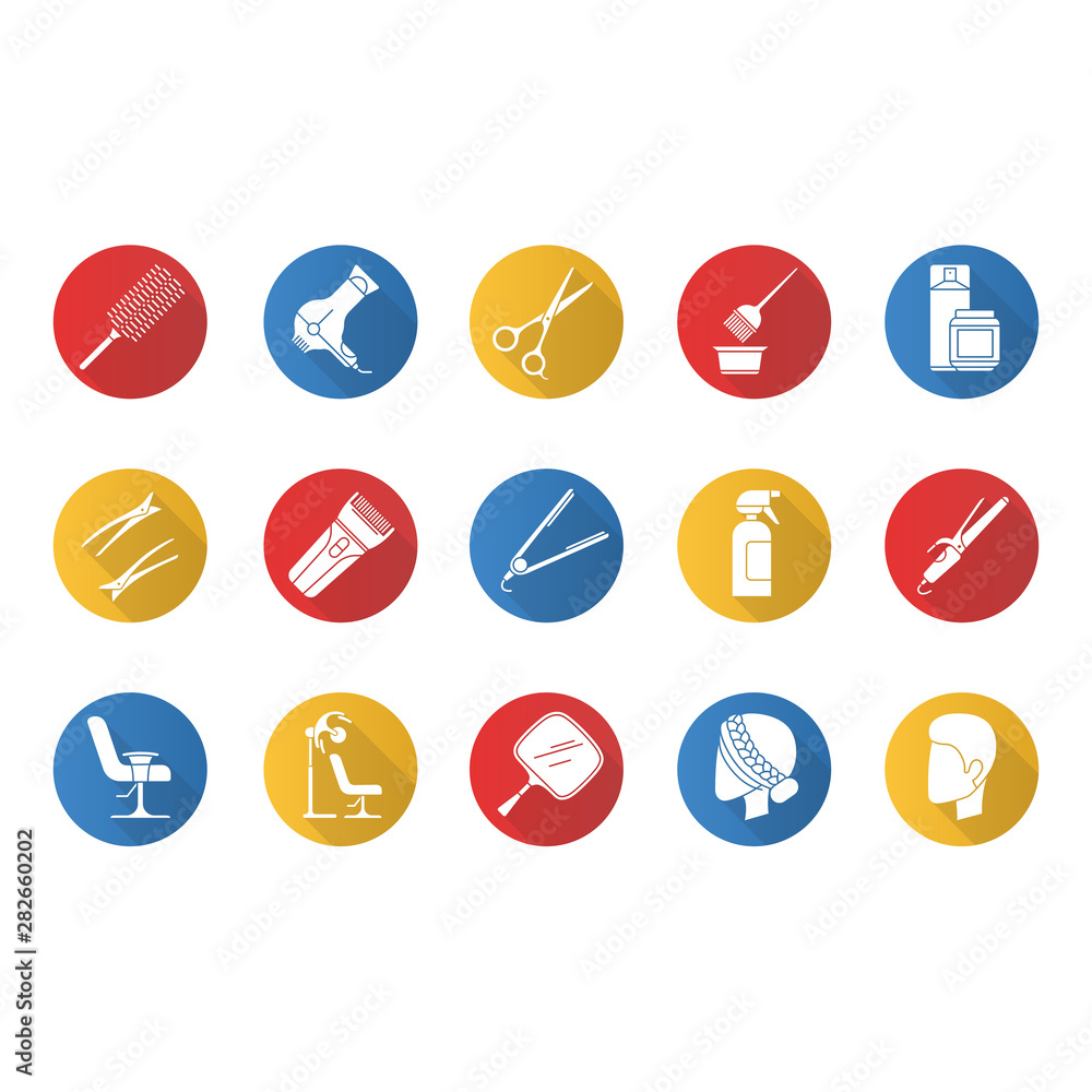 Hair dress flat design long shadow glyph icons set. Professional hairstyling. Hairdresser tools, equipment and services. Barbershop, beauty salon maintenance. Hair care. Vector silhouette illustration Hair dress flat design long shadow glyph icons set. Professional hairstyling. Hairdresser tools, equipment and services. Barbershop, beauty salon maintenance. Hair care. Vector silhouette illustration